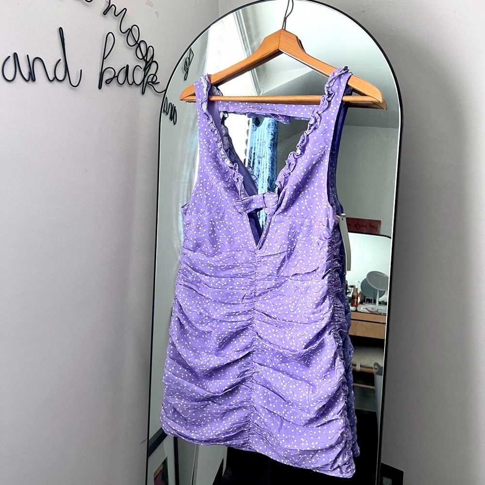 NWT For Love and Lemons Chelsea Purple White Polka Dot Cutout Mini Dress